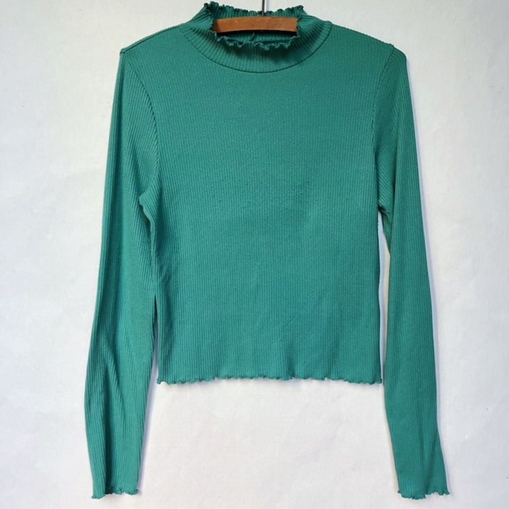 American Eagle Green Fringe Ribbed Mock Neck Sweater